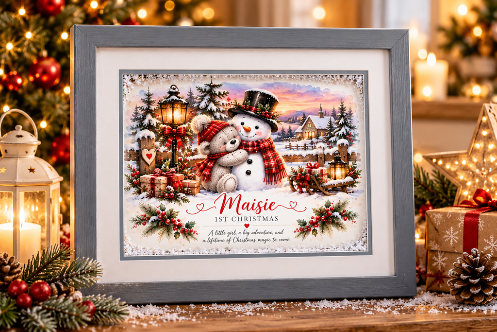 Personalised 1st Christmas Framed Print – Teddy & Snowman Designs