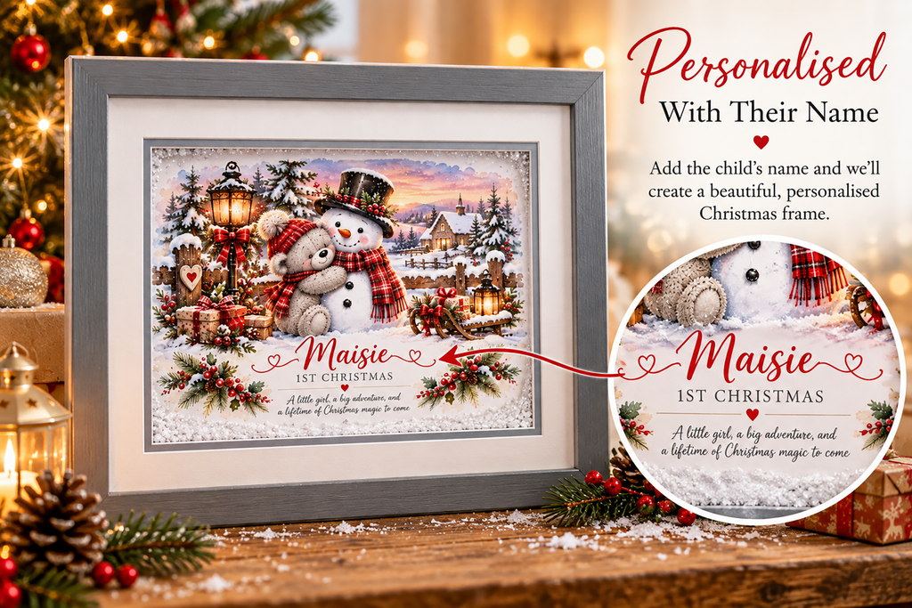 Personalised 1st Christmas Framed Print – Teddy & Snowman Designs