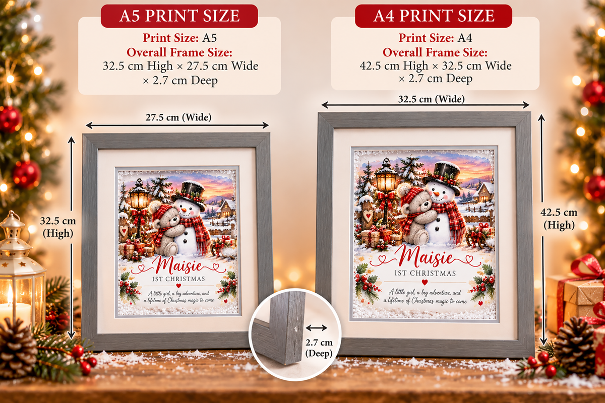 Personalised 1st Christmas Framed Print – Teddy & Snowman Designs