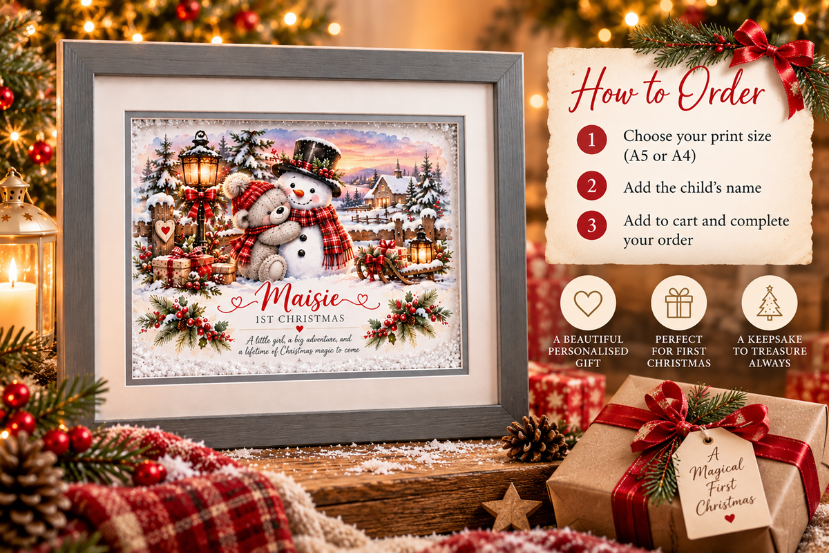 Personalised 1st Christmas Framed Print – Teddy & Snowman Designs