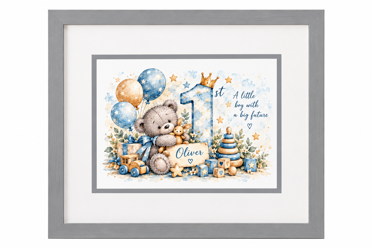 Personalised 1st Birthday Teddy Bear Framed Print – Boy or Girl