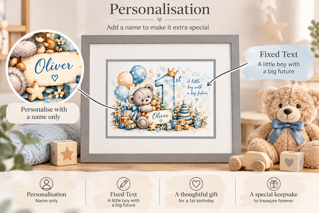 Personalised 1st Birthday Teddy Bear Framed Print – Boy or Girl