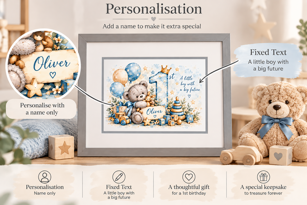 Personalised 1st Birthday Teddy Bear Framed Print – Boy or Girl