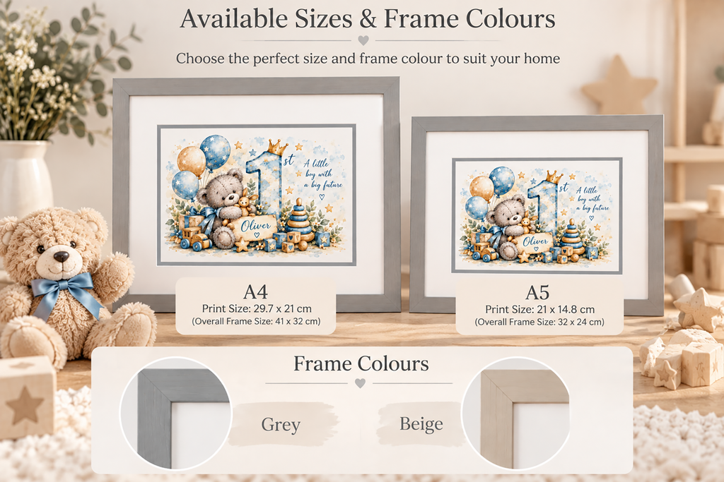 Personalised 1st Birthday Teddy Bear Framed Print – Boy or Girl