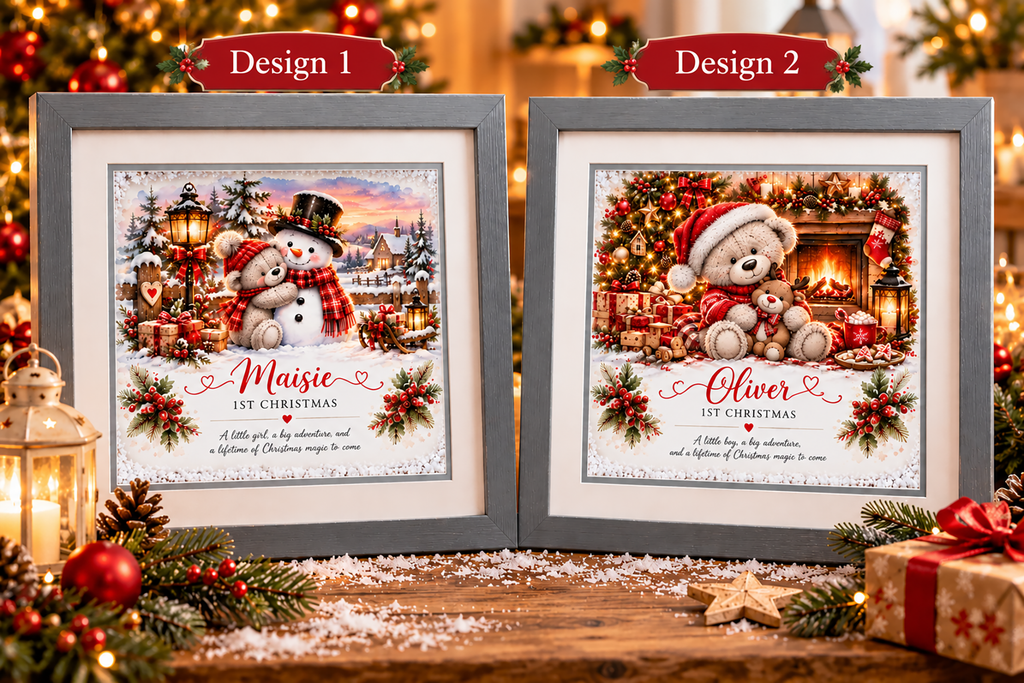 Personalised 1st Christmas Framed Print – Teddy & Snowman Designs