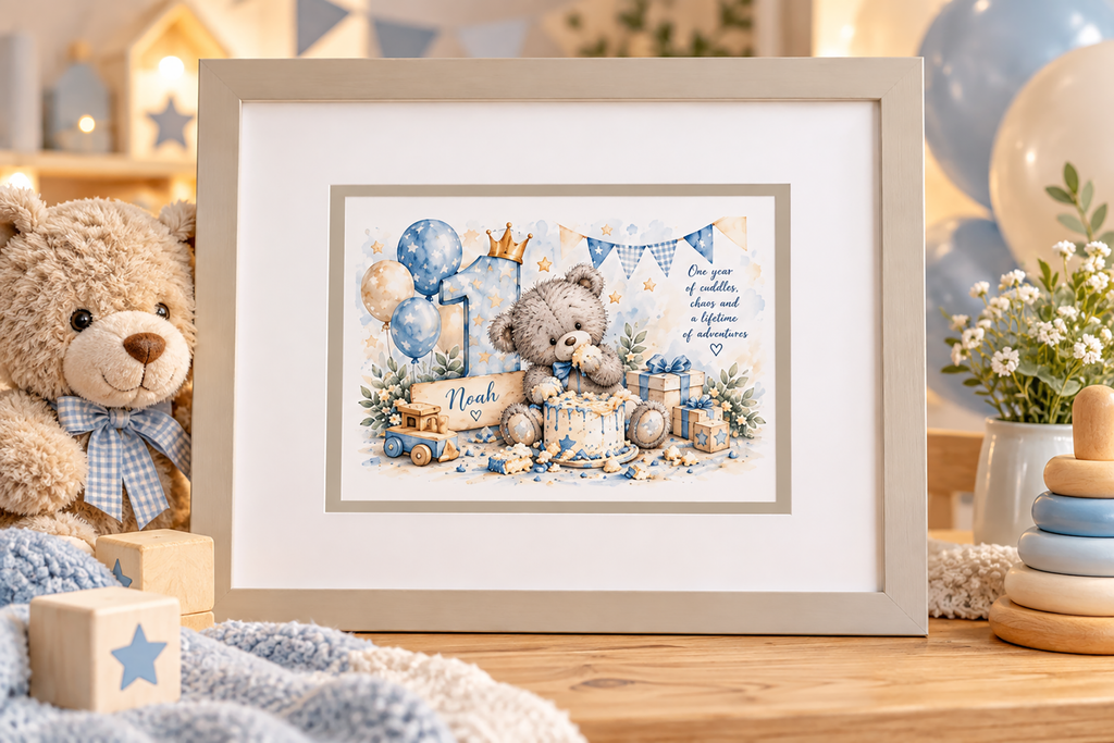 Personalised 1st Birthday Cake Smash Teddy Bear Print