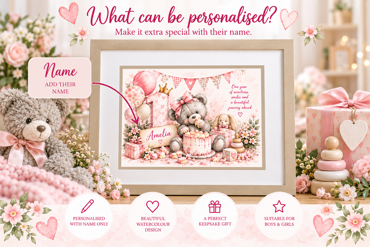 Personalised 1st Birthday Cake Smash Teddy Bear Print