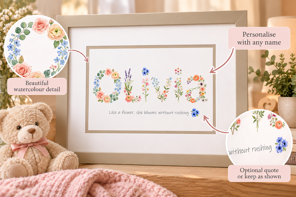 Personalised Floral Name Print – Baby & Nursery Gift