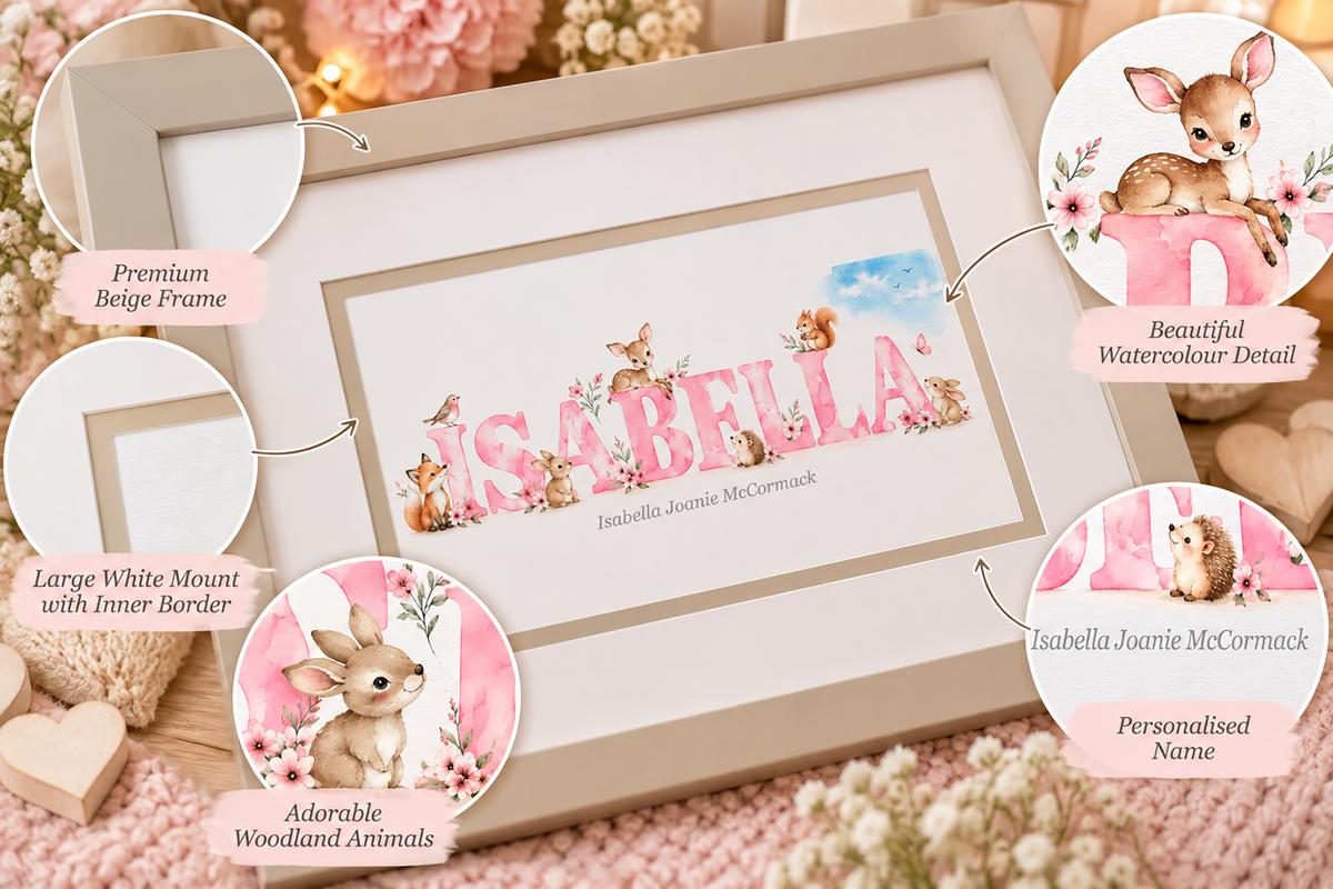Personalised Name Framed Print – Woodland Animals Gift